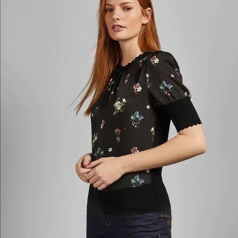 Ted Baker Black Floral Short Sleeve Blouse - Picture 2 of 6